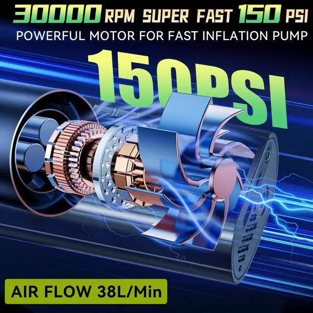 Alt view image 2 of 7 - VisiPower Tire Inflator Portable Air Compressor, 8000mAh Battery 150PSI Smart Electric tire Air Pump LCD screens digital pressure gauge auto shut-off for Car Bike Moto Ball Inflatables air pump