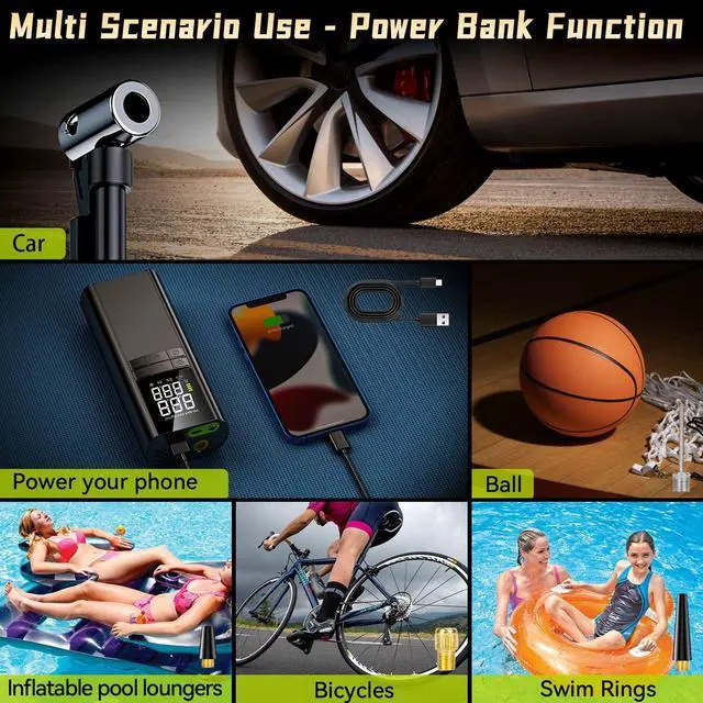 Alt view image 7 of 7 - VisiPower Tire Inflator Portable Air Compressor, 8000mAh Battery 150PSI Smart Electric tire Air Pump LCD screens digital pressure gauge auto shut-off for Car Bike Moto Ball Inflatables air pump