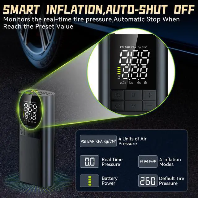Alt view image 4 of 7 - VisiPower Tire Inflator Portable Air Compressor, 8000mAh Battery 150PSI Smart Electric tire Air Pump LCD screens digital pressure gauge auto shut-off for Car Bike Moto Ball Inflatables air pump