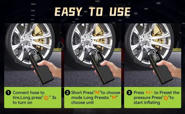 Alt view image 6 of 7 - VisiPower Tire Inflator Portable Air Compressor, 8000mAh Battery 150PSI Smart Electric tire Air Pump LCD screens digital pressure gauge auto shut-off for Car Bike Moto Ball Inflatables air pump