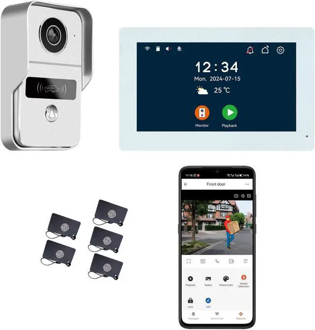 Main image of 2pin-Wired 2MP HD Indoor 7" WiFi Monitor Smart Home Video Doorbell Intercom System, Remote APP Phone Unlock Video Record Motion Detect 2-Way Talk IR Camera Silver Door Bell 1x doorbell + 1x 7" Screen