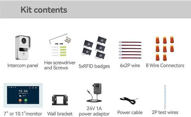 Alt view image 3 of 7 - 2pin-Wired 2MP HD Indoor 7" WiFi Monitor Smart Home Video Doorbell Intercom System, Remote APP Phone Unlock Video Record Motion Detect 2-Way Talk IR Camera Black Door Bell 1x doorbell + 2x 7" Screen