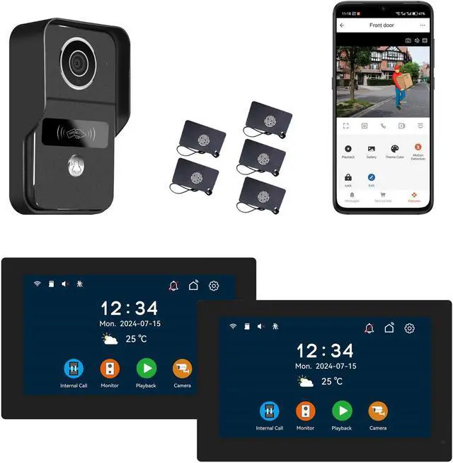 Main image of 2pin-Wired 2MP HD Indoor 7" WiFi Monitor Smart Home Video Doorbell Intercom System, Remote APP Phone Unlock Video Record Motion Detect 2-Way Talk IR Camera Black Door Bell 1x doorbell + 2x 7" Screen