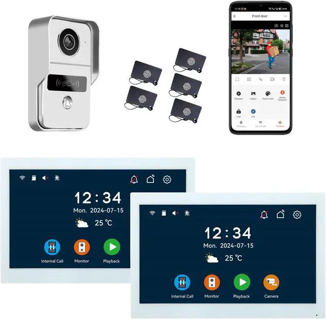 Main image of 2pin-Wired 2MP HD Indoor 10" WiFi Monitor Smart Home Video Doorbell Intercom System Remote APP Phone Unlock Video Record Motion Detect 2-Way Talk IR Camera Silver Door Bell 1x doorbell + 2x 10" Screen