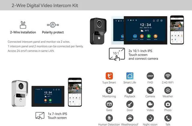 Alt view image 4 of 7 - 2pin-Wired 2MP HD Indoor 10" WiFi Monitor Smart Home Video Doorbell Intercom System Remote APP Phone Unlock Video Record Motion Detect 2-Way Talk IR Camera Silver Door Bell 1x doorbell + 2x 10" Screen