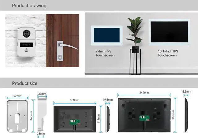 Alt view image 6 of 7 - 2pin-Wired 2MP HD Indoor 10" WiFi Monitor Smart Home Video Doorbell Intercom System Remote APP Phone Unlock Video Record Motion Detect 2-Way Talk IR Camera Silver Door Bell 1x doorbell + 2x 10" Screen