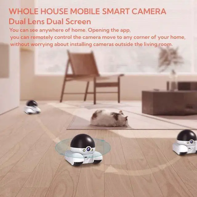 Alt view image 3 of 7 - Movable 2MP+2MP Dual Lens Dual Screen Pet Robot WiFi Smart Home Security Camera P 360°/T 90° Rotation with Battery 2 Way Audio Motion Detection Alerts Full Color Night Vision Cat Dog Camera