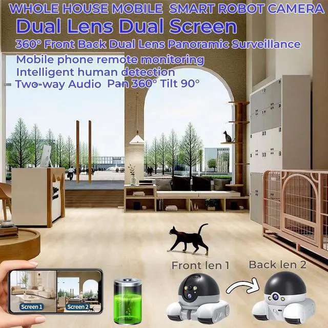 Alt view image 6 of 7 - Movable 2MP+2MP Dual Lens Dual Screen Pet Robot WiFi Smart Home Security Camera P 360°/T 90° Rotation with Battery 2 Way Audio Motion Detection Alerts Full Color Night Vision Cat Dog Camera