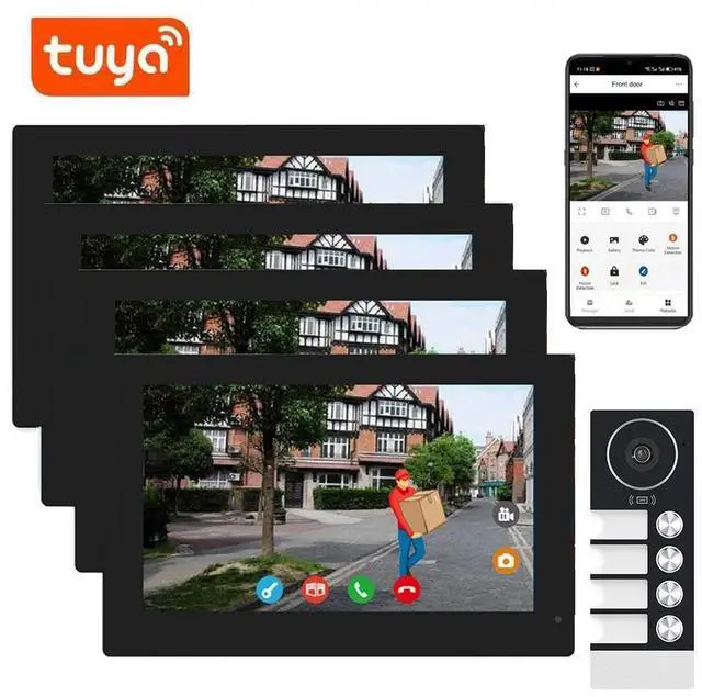 Main image of visiPower 4 Units 4-pin Wired WiFi Apartment Video Intercom Doorbell System, 2MP 10" Touch Monitor,TUYA Smart APP Motion Detect Unlock, 2-Way Talk Night Vision Visual Doorbell (1 Doorbell+4 Monitor)