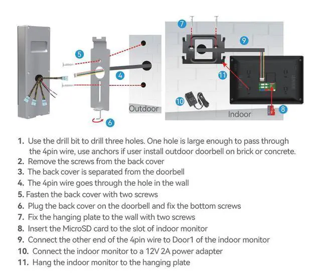 Alt view image 7 of 7 - visiPower 4 Units 4-pin Wired WiFi Apartment Video Intercom Doorbell System, 2MP 10" Touch Monitor,TUYA Smart APP Motion Detect Unlock, 2-Way Talk Night Vision Visual Doorbell (1 Doorbell+4 Monitor)
