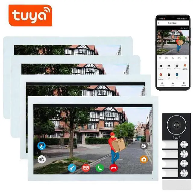 Main image of visiPower 4 Units 4-pin Wired WiFi Apartment Video Intercom Doorbell System, 2MP 10" Touch Monitor,TUYA Smart APP Motion Detect Unlock, 2-Way Talk Night Vision Visual Doorbell (1 Doorbell+4 Monitor)