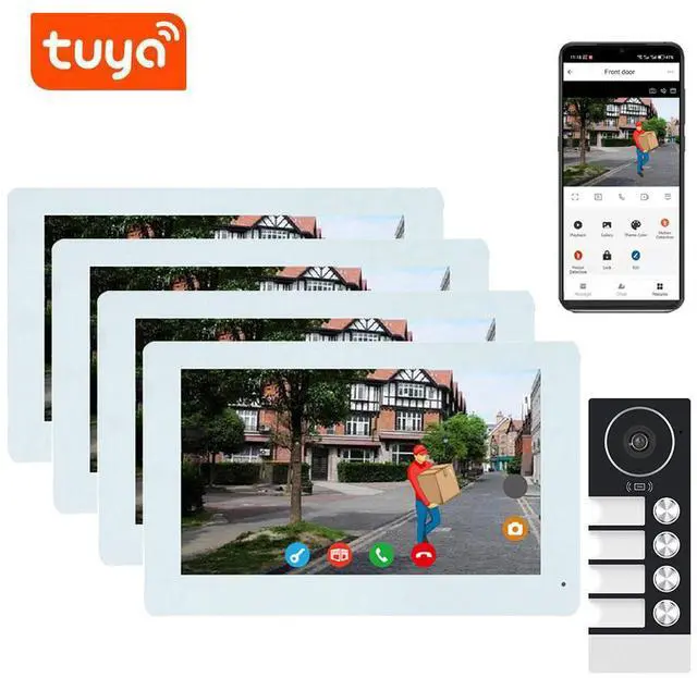Main image of visiPower 4 Units 4-pin Wired WiFi Apartment Video Intercom Doorbell System, 2MP 7" Touch Monitor,TUYA Smart APP Motion Detect Unlock, 2-Way Talk Night Vision Visual Doorbell (1 Doorbell+4 Monitor)