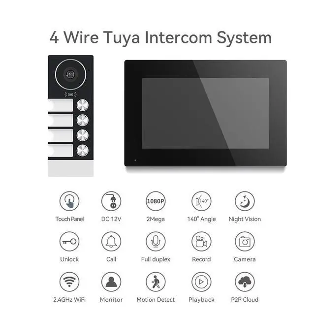 Alt view image 5 of 7 - visiPower 4 Units 4-pin Wired WiFi Apartment Video Intercom Doorbell System, 2MP 7" Touch Monitor,TUYA Smart APP Motion Detect Unlock, 2-Way Talk Night Vision Visual Doorbell (1 Doorbell+4 Monitor)