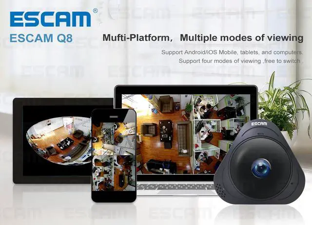 Alt view image 4 of 4 - ESCAM Q8 WIFI 1.3MP IR 360° Fisheye Panoramic IP Camera Built in mic & Speaker Black Color