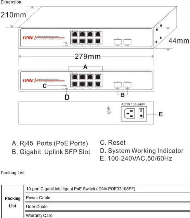 Alt view image 4 of 4 - 10-port 10/100/1000M PoE Switch with 8x 10/100/1000Base-T RJ45 Ethernet ports support Auto MDI/MDI-X