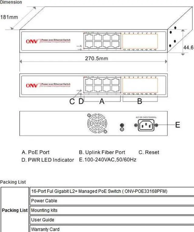 Alt view image 5 of 5 - ONV-POE33168PFM 8*10/100/1000M PoE ports + 8*Gigabit SFP port IEEE802.3af/at standard POE Switch