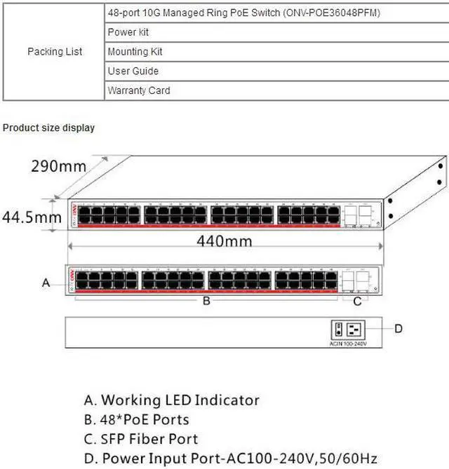 Alt view image 4 of 4 - ONV-POE36048PFM 48x 10/100/1000M RJ45 ports Managed Ring PoE Switch compliant with both IEEE 802.3af/at standard