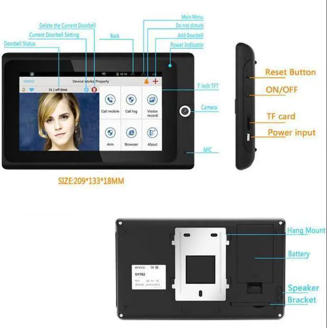 Alt view image 2 of 6 - 7inch HD digital monitor Smart Wifi wireless video intercom doorbell with burglar alarm access control