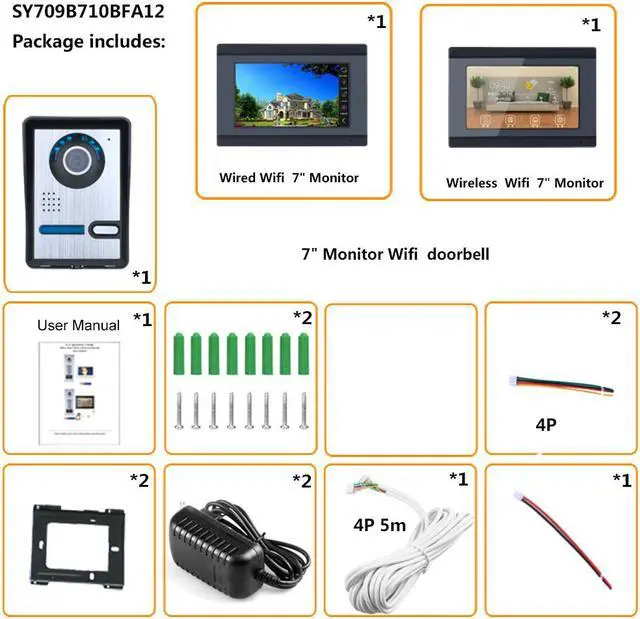 Alt view image 2 of 7 - 7 inch 2 Monitors Wired /Wireless Wifi Video Door Phone Doorbell Intercom System with  IR-CUT HD 1000TVL Wired Camera Night Vision,Support Remote APP