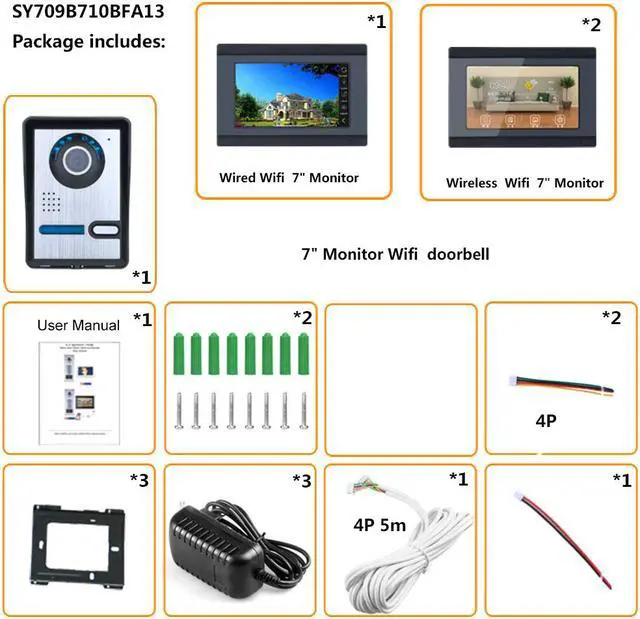 Alt view image 5 of 6 - 7 inch 3 Monitors Wired /Wireless Wifi Video Door Phone Doorbell Intercom System with  IR-CUT HD 1000TVL Wired Camera Night Vision Support Remote APP