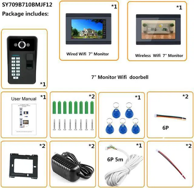 Alt view image 2 of 7 - 7inch TFT LCD 2 Monitors Wired / Wireless Wifi Fingerprint RFID Password Video Door Phone Doorbell Remote APP with IR-CUT 1000TVL Wired Camera