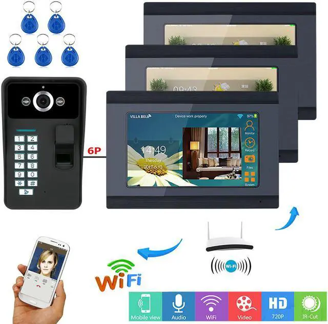 Main image of 7inch 3 Monitors Wired / Wireless Wifi Fingerprint RFID Password Video Door Phone Doorbell Intercom Entry System with IR-CUT 1000TVL Wired Camera