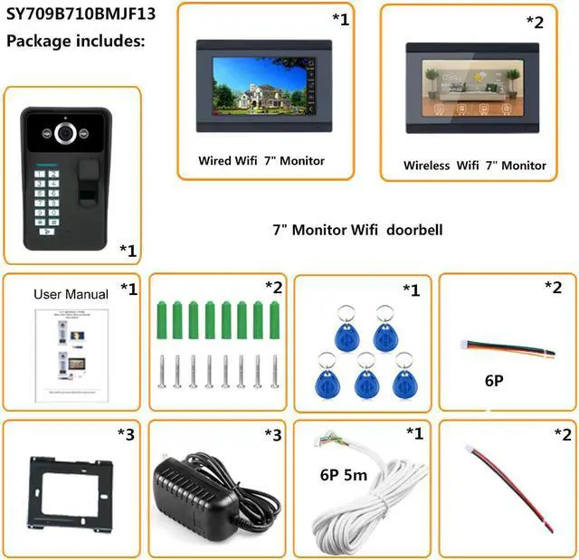Alt view image 4 of 7 - 7inch 3 Monitors Wired / Wireless Wifi Fingerprint RFID Password Video Door Phone Doorbell Intercom Entry System with IR-CUT 1000TVL Wired Camera