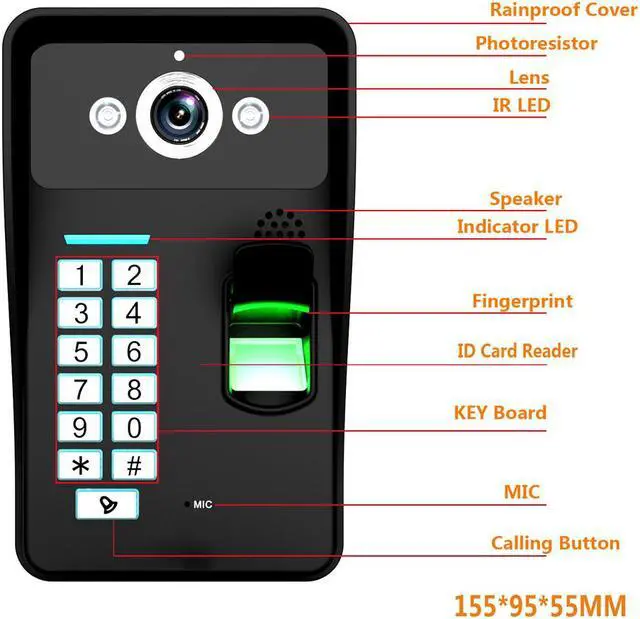 Alt view image 7 of 7 - 7inch TFT LCD Wired / Wireless Wifi Fingerprint RFID Password Video Door Phone Doorbell Intercom Entry System Remote APP with 2 X IR-CUT 1000TVL Wired Camera Night Vision