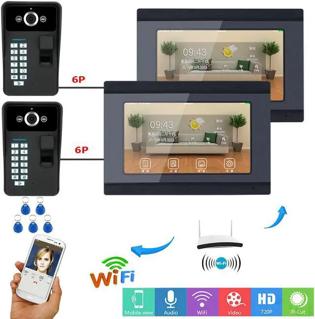 Main image of 7inch TFT LCD  2 Monitors Wired / Wireless Wifi Fingerprint RFID Password Video Door Phone Doorbell Intercom Entry System with 2X IR-CUT 1000TVL Wired Camera Night Vision