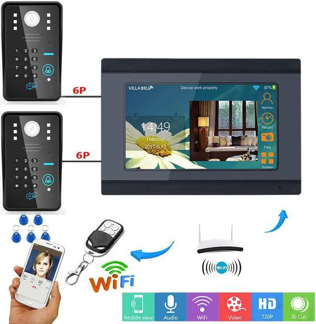 Main image of 7" TFT LCD Wired / Wireless Wifi RFID Password Video Door Phone Doorbell Intercom Entry System with 2 X IR-CUT 1000TVL Wired Camera support Remote APP unlocking/Recording/Snapshot