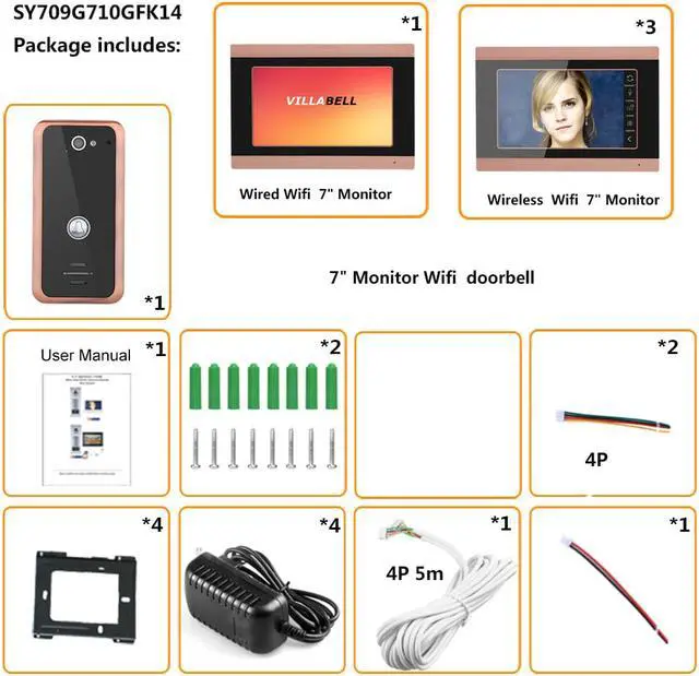Alt view image 7 of 7 - 7inch 4 Monitors Wired Wifi Video Door Phone Doorbell Intercom Entry System with 1000TVL Wired Camera Support IOS/Android system mobile phone