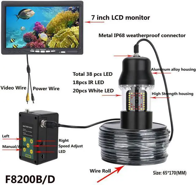 Alt view image 3 of 7 - VisiPower 7" Monitor Underwater Fishing Video Camera Fish Finder IP68 Waterproof 38 LEDs 360 Degree Rotating Camera, Cable Length 100m/328ft