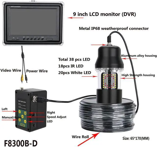Alt view image 4 of 7 - VisiPower 9" Monitor DVR Recorder 100M Underwater Fishing Video Recording Camera Fish Finder IP68 Waterproof 38 LEDs 360 Degree Rotating Camera, Cable Length 100m/328ft