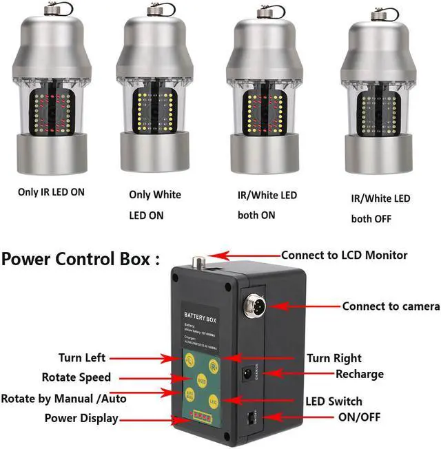 Alt view image 4 of 7 - VisiPower 9" Monitor Underwater Fishing Video Camera Fish Finder IP68 Waterproof 38 LEDs 360 Degree Rotating Camera, Cable Length 50m/164ft Camera
