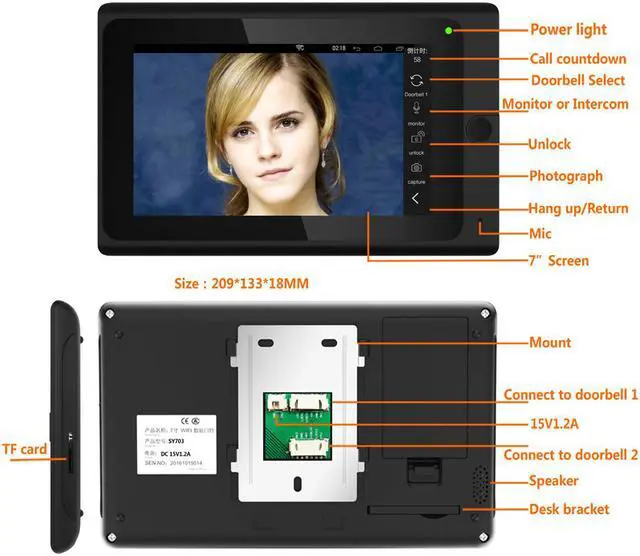 Alt view image 4 of 7 - 7inch Wireless/Wired Wifi IP Video Door Phone Doorbell Intercom with 1000TVL Wired Camera Night Vision Support Remote APP unlocking/Recording/Snapshot