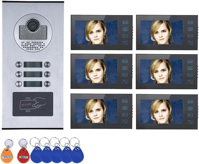 Main image of 6 Units Apartment Doorbell, 7" LCD Monitor Wired Door RFID Multi-family Doorbell Home Apartment Video Intercom System, Monitor Control Unlocking, 2-Way Audio for Home Apartment, 1 doorbell + 6 monitor