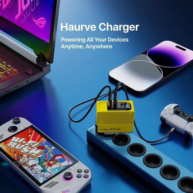 Alt view image 5 of 5 - Haurve 100W 3-in-1 GaN Fast Charger, Multiport USB-C & USB-A Wall Charger  Compatible with Smartphones, Tablets, Laptops, Foldable Charger, Charger Display, Led Indicator Light, Includes USB-C Cable