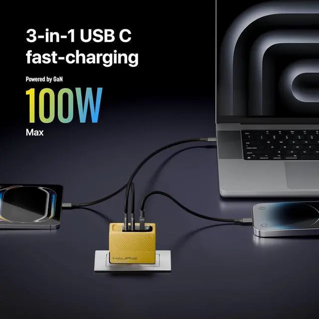 Alt view image 3 of 7 - Haurve 100W 3-in-1 GaN Fast Charger, USB-C PD & USB-A QC Wall Adapter with Foldable Plug, Multiport Power Supply for Laptop, Tablet, Phone, Compact Travel Accessory for Home, Office, or On-The-Go