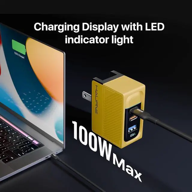 Alt view image 4 of 7 - Haurve 100W 3-in-1 GaN Fast Charger, USB-C PD & USB-A QC Wall Adapter with Foldable Plug, Multiport Power Supply for Laptop, Tablet, Phone, Compact Travel Accessory for Home, Office, or On-The-Go