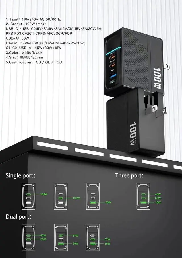 Alt view image 6 of 7 - Haurve 100W 3-in-1 GaN Fast Charger, USB-C PD & USB-A QC Wall Adapter with Foldable Plug, Multiport Power Supply for Laptop, Tablet, Phone, Compact Travel Accessory for Home, Office, or On-The-Go