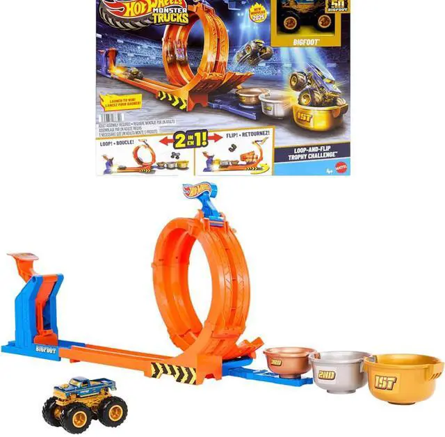 Alt view image 6 of 7 - Mattel JBX64 Hot Wheels Monster Trucks Loop-And-Flip Trophy Challenge Playset - Bigfoot