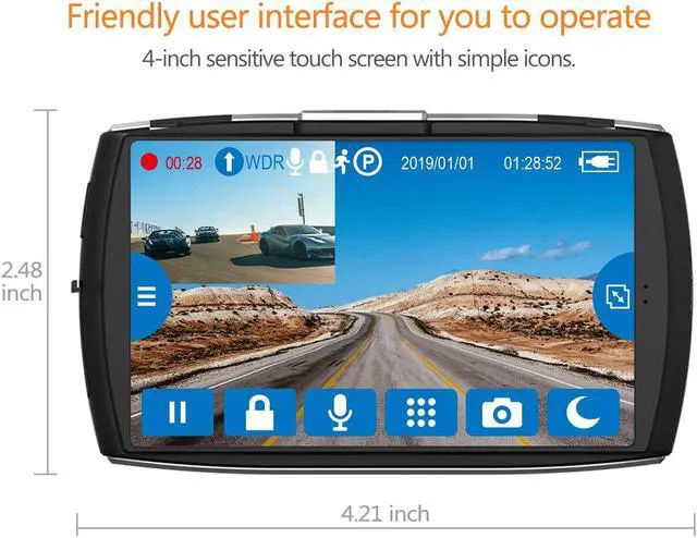 Alt view image 6 of 7 - Z-EDGE T4 Dash Cam, Front and Rear Dual Lens, 4.0" Touch Screen Vehicle Camera, 1080P Full HD,  Night Mode, 32GB Card Included (Support Max 256GB), 155 Degree Wide Angle, WDR, G-Sensor, Loop Recording