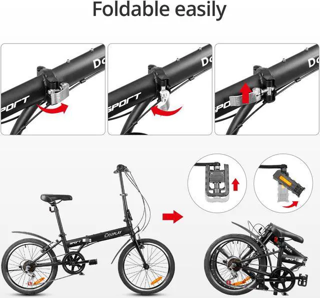 Alt view image 4 of 7 - IDEAPLAY Folding Bikes for Adults - 20 Inch Bike with 6 Riding Speed & V Breaks - Carbon Steel Frame Folding Bike - Lightweight & Portable Bike for Women and Men - City Bicycle for Work & School-Black