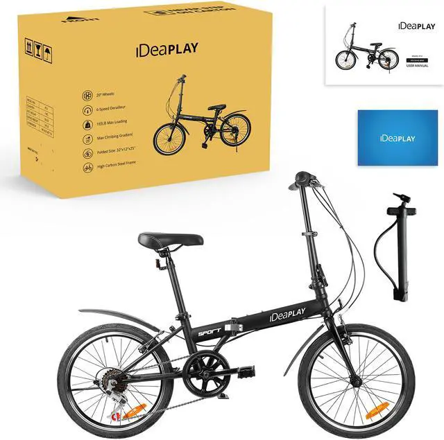 Alt view image 7 of 7 - IDEAPLAY Folding Bikes for Adults - 20 Inch Bike with 6 Riding Speed & V Breaks - Carbon Steel Frame Folding Bike - Lightweight & Portable Bike for Women and Men - City Bicycle for Work & School-Black