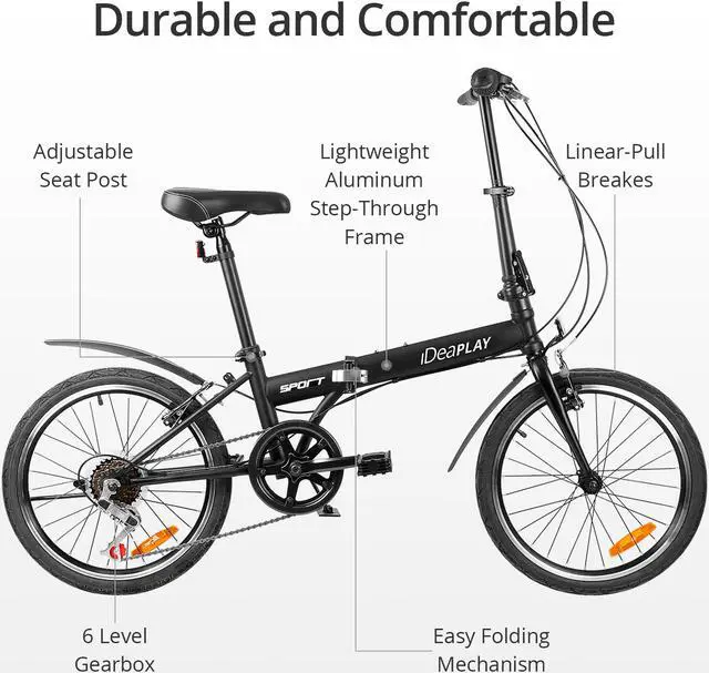 Alt view image 5 of 7 - IDEAPLAY Folding Bikes for Adults - 20 Inch Bike with 6 Riding Speed & V Breaks - Carbon Steel Frame Folding Bike - Lightweight & Portable Bike for Women and Men - City Bicycle for Work & School-Black