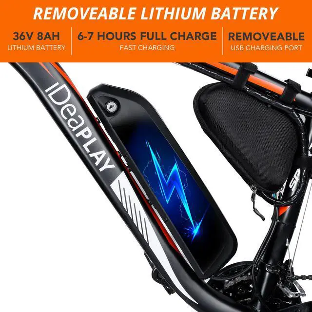 Alt view image 4 of 7 - IDEAPLAY Electric Bike 26, 350W Electric Bicycle With Removable 36V, 8A Lithium Battery, 20mph Adult Electric Bicycles With 21 Speed, Orange-Black UL Certified