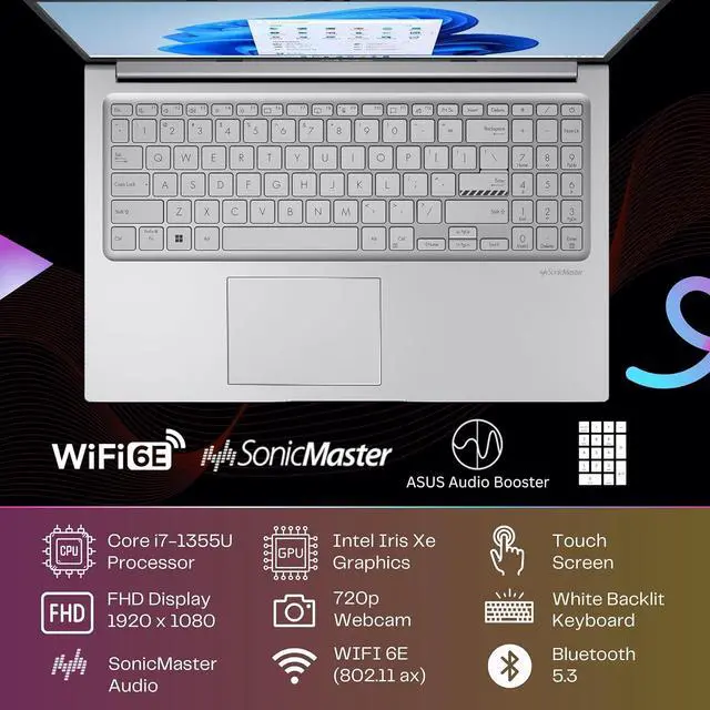 Alt view image 5 of 5 - ASUS VivoBook| 15.6" Full HD TouchScreen| Intel Core i7-1355U| 16GB DDR4| 1TB SSD| Intel Iris Xe Graphics| Wifi-6| Windows 11 Home| Slim, Sleek, and Stylish Silver Design