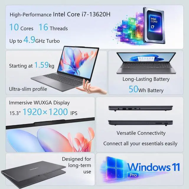 Alt view image 3 of 6 - Lenovo IdeaPad Slim 3| 15.3" Full HD+ 1920x1200 | Intel Core i7-13620H Processor| 8GB DDR5| 2TB SSD|Intel UHD Graphics|Wifi-AX| Windows 11 Pro