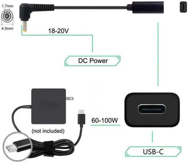 Alt view image 2 of 5 - Chenyang Cable Type C USB-C Female Input to DC 4.0*1.7mm Power PD Charge Cable fit for Laptop 18-20V