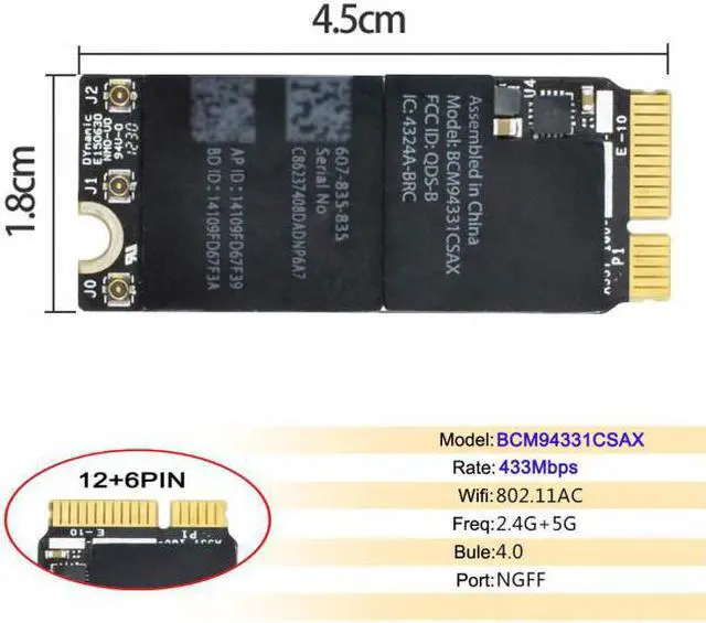 Alt view image 7 of 7 - Cablecc BCM94331CSAX BCM94331CSDAX BCM4331 Bluetooth Wireless Wifi Card Module 802.11N for Mac 2012-2013 MD212 MD213 A1398 A1425